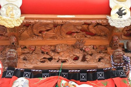 木彫4枚セット　鶴　枡合　狭間　懸魚　連子　欅　龍　武者　だんじり　骨董　太鼓台 岸和田市真上町新調だんじり 大屋根懸魚 夏至の日に実際見られる奇跡の
