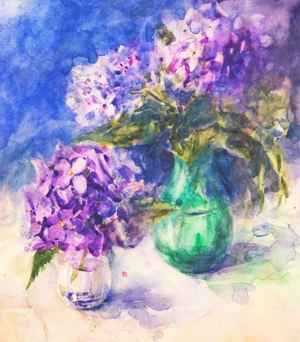 透明水彩画「紫陽花」～細目のツルツル紙に水たっぷりチャレンジ