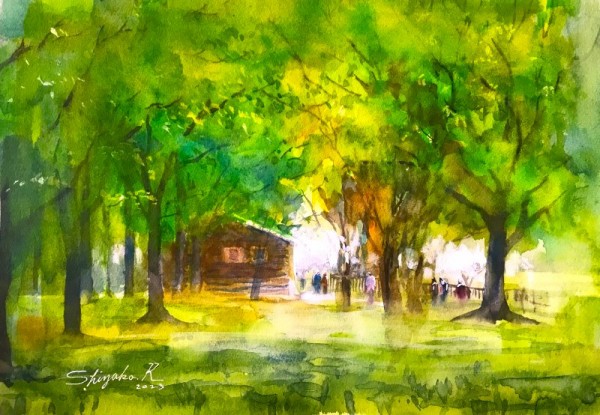 透明水彩スケッチ「新緑の湖畔」＆アートエッセイ「幸せについて”親を