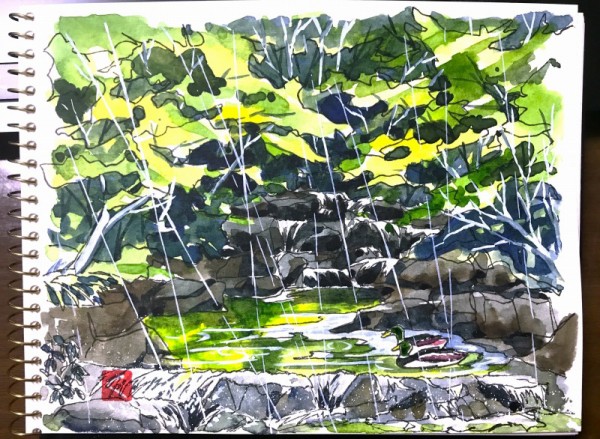 水彩画「雨の上野公園」 - 美術品