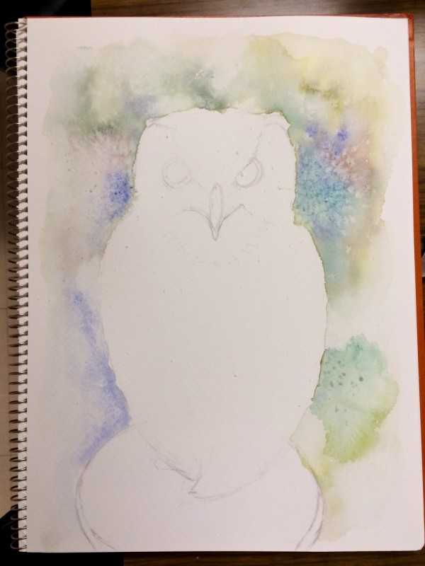 バックを塩の技法で描いたOYMさん透明水彩画「フクロウ」…が