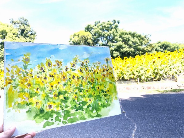 公園の子供たち 水彩画 額装済み 鶴見緑地公園 7/29「夏の丘＃3」🌻余談：我が家の防災グッズ