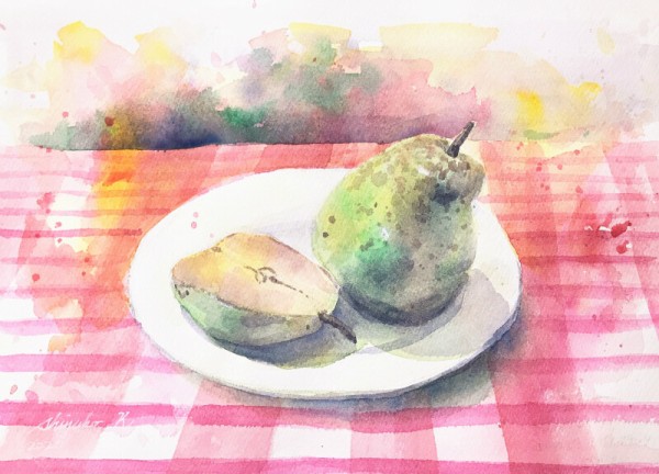 透明水彩静物スケッチ「お皿と果物」 : 水彩的生活KUROKAWAの透明水彩画