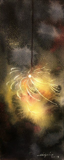 透明水彩画 線香花火 松葉 柳 散り菊 三連作 水彩的生活kurokawaの透明水彩画