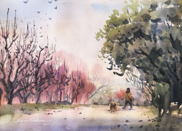 真作】絵画 水彩3号 春爛漫 丘陵に咲く桜 春の風景 自然の息吹