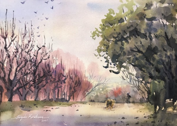 透明水彩スケッチ「杏の花の咲く丘で」（鶴見緑地） : 水彩的