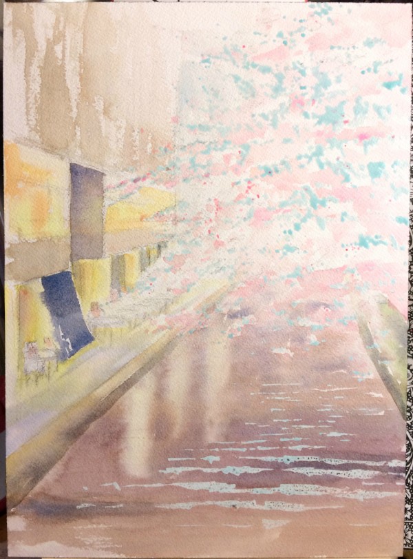 透明水彩画「春の夜」(京都 高瀬川) : 水彩的生活KUROKAWAの 透明水彩画「春の夜」(京都 高瀬川) : 水彩的生活KUROKAWAの