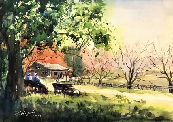木の実が色付く時　水彩画 透明水彩スケッチ「木陰のベンチ」（鶴見緑地公園）🎨 : 水彩的