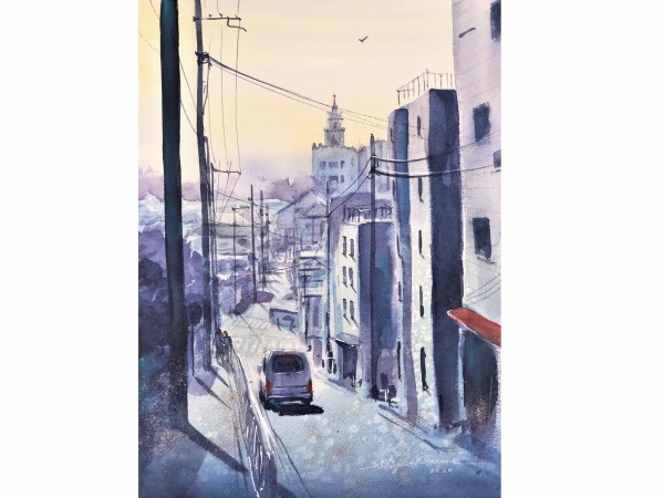 透明水彩画「初春の坂道」とアートエッセイ「絵画とかけて登山と