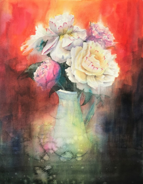 芍薬とクレマチス　水彩画 透明水彩画「青の世界（芍薬）」冷え冷えで完成で～す☆ : 水彩