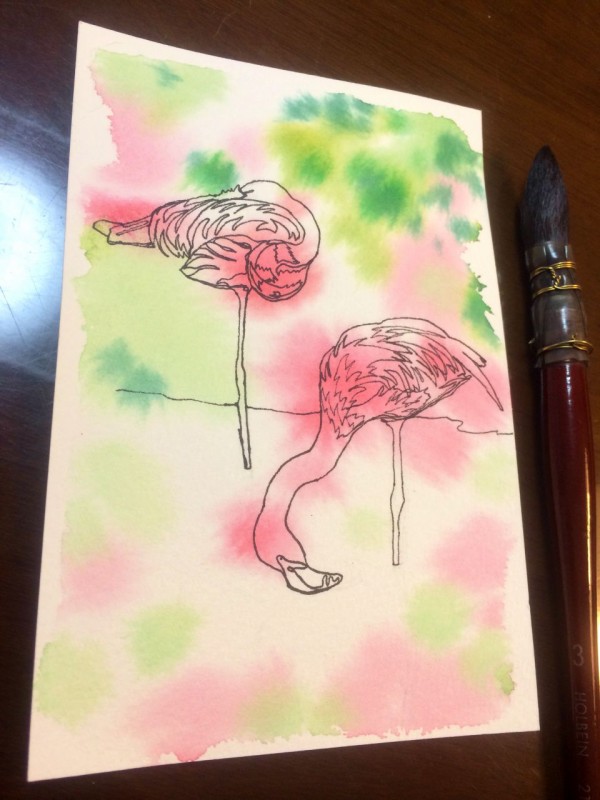 水彩画 原画 フラミンゴの嫁入り watercolor-tropical-bird-