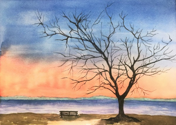 琵琶湖湖畔、風景水彩画。””かたらい”” 薄暮の湖と湖畔 (透明水彩風景画) Lakeside in Twilight