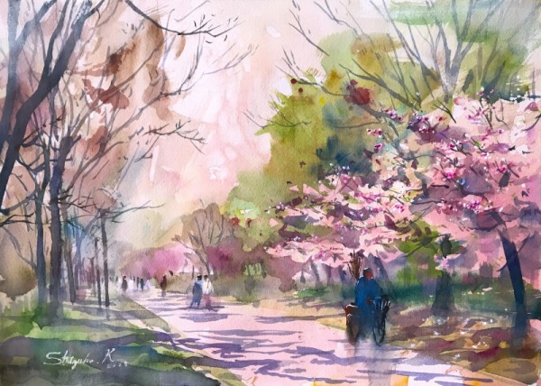 透明水彩スケッチ「河津桜咲く」鶴見緑地 : 水彩的生活KUROKAWAの透明