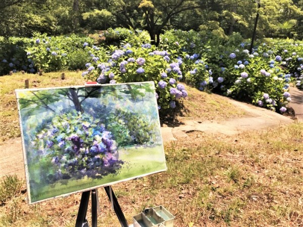 透明水彩画『紫陽花と観る人達』 紫陽花 水彩画 その3 | はるさき水彩画blog