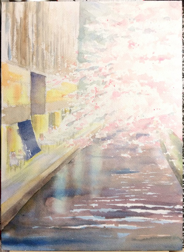 透明水彩画「春の夜」（京都 高瀬川） : 水彩的生活KUROKAWAの