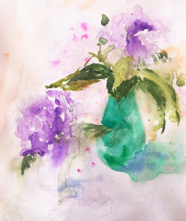 透明水彩画「紫陽花」~細目のツルツル紙に水たっぷりチャレンジ 透明水彩画「紫陽花」~細目のツルツル紙に水たっぷりチャレンジ