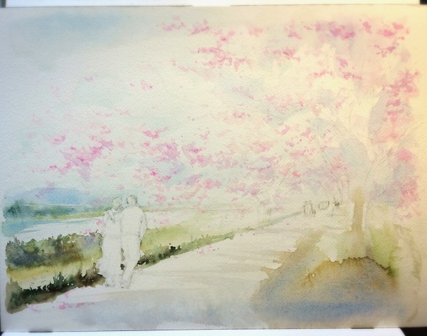水彩画制作過程.12（桜と川原を描く）ムッチーWATERCOLOR