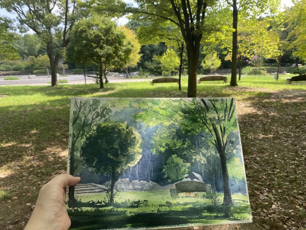 透明水彩スケッチ「語らい」（鶴見緑地公園）～水彩画と淡彩画を改めて