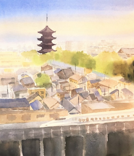 透明水彩画「家路」（京都 東寺が見える風景）を描きました☆ : 水彩的生活KUROKAWAの透明水彩画