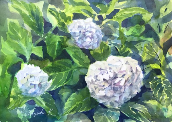 透明水彩画『紫陽花と観る人達』 半額】 透明水彩画『紫陽花と観る人達』 絵画 - 絵画