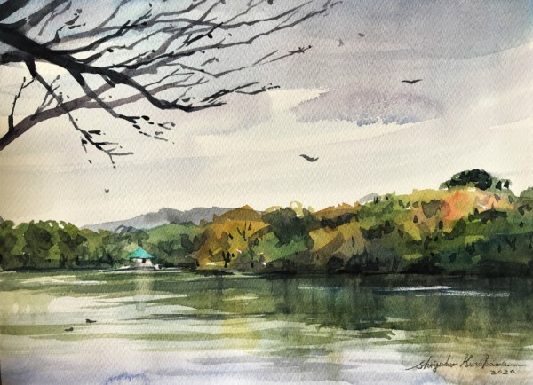 山田池公園スケッチ2点描きました : 水彩的生活KUROKAWAの透明水彩画