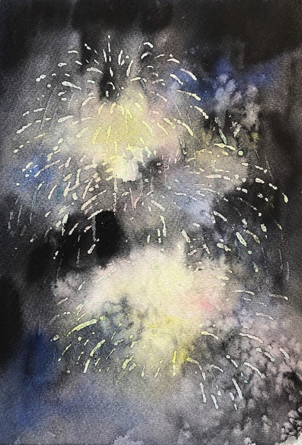 透明水彩画「夏の終わりに」🎆打ち上げ花火を描きました