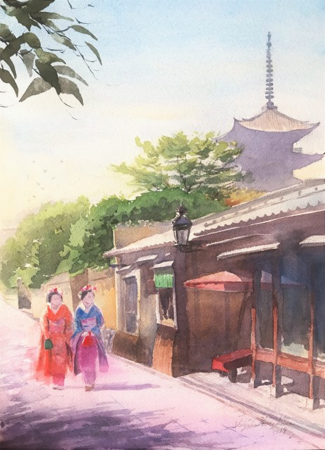 透明水彩画「夏の朝」（京都 ねねの道）を描きました : 水彩的