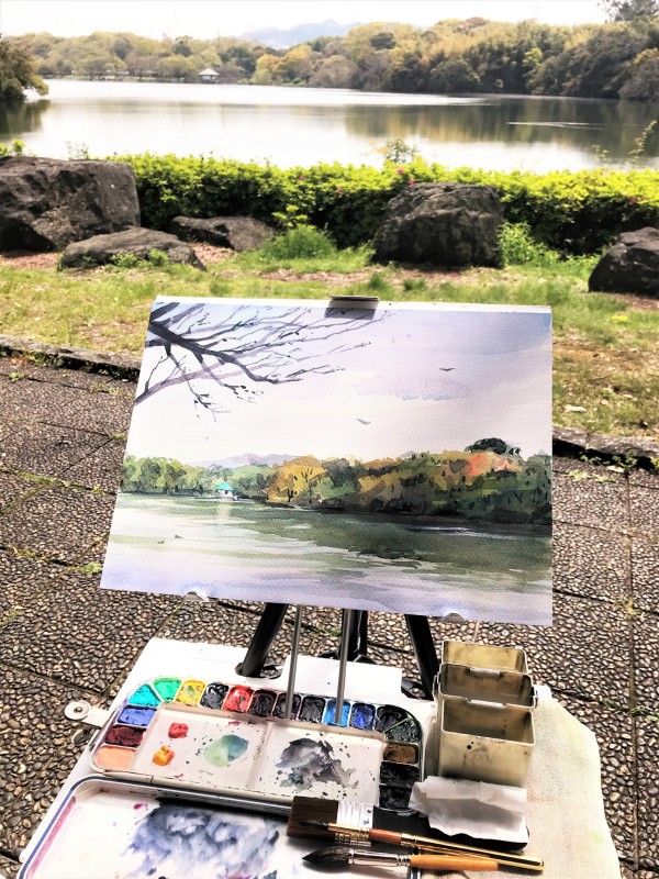 山田池公園スケッチ2点描きました : 水彩的生活KUROKAWAの透明水彩画