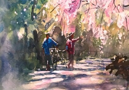 透明水彩スケッチ「今年の枝垂桜」鶴見緑地～テツandトモになり