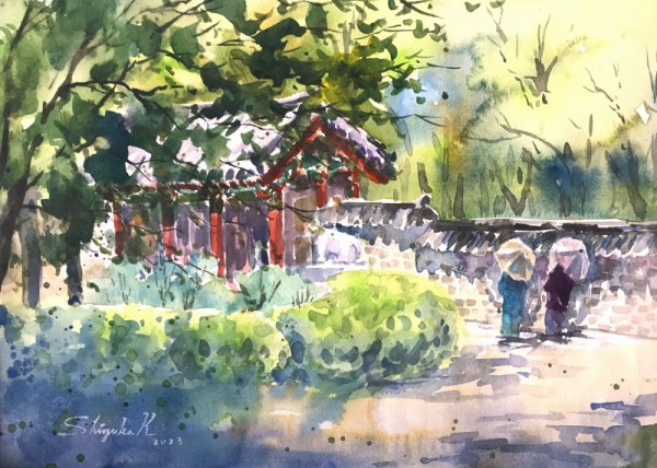 鶴見緑地 韓国平野の木陰から 韓国館跡を望むアングルで描く : 水彩的