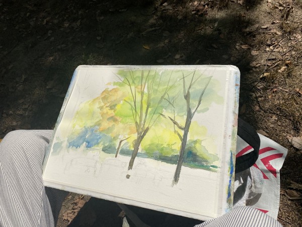 透明水彩スケッチ「語らい」（鶴見緑地公園）～水彩画と淡彩画を改めて 