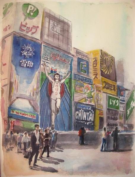 道頓堀 グリコの看板で御馴染みの 透明水彩画 大阪 難波 戎橋 を描きました 製作過程もアップ 水彩的生活kurokawaの透明水彩画