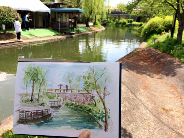 水彩画「池の雑草取り」 くどうさとし S.Kudo Watercolor 水彩