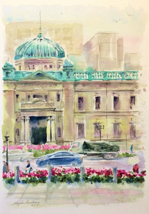 透明水彩画「大阪の風景（淀屋橋 日銀前）」水彩くらぶ大阪特別