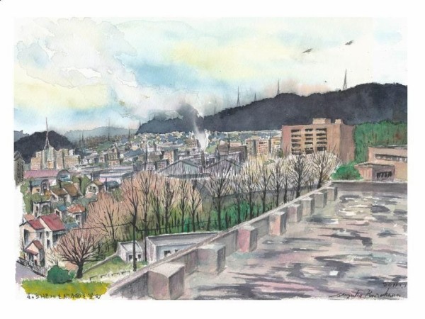 水彩画作品「病院から見える枚方の風景～生駒方面～」を描きました