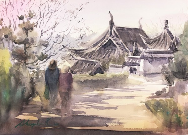 透明水彩スケッチ「春を待つ道」（鶴見緑地中国館前） : 水彩的
