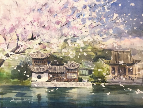 透明水彩鶴見緑地スケッチ「春の風」舞い落ちる桜🌸🌸🌸 : 水彩