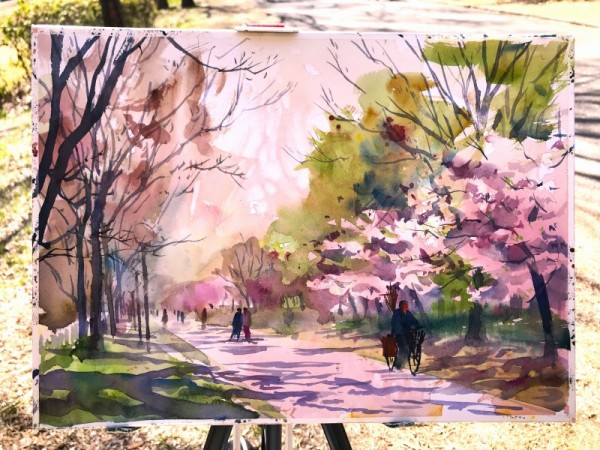 570＊福岡新河岸川堤　水彩画　原画　透明水彩画 570＊福岡新河岸川堤 水彩画 原画 透明水彩画 570＊福岡新河岸川堤