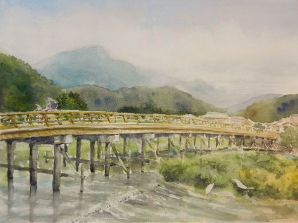 透明水彩スケッチ 京都 嵐山 渡月橋のたもとにて 水彩的生活kurokawaの透明水彩画