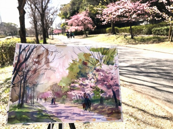 570＊福岡新河岸川堤　水彩画　原画　透明水彩画 570＊福岡新河岸川堤 水彩画 原画 透明水彩画 570＊福岡新河岸川堤