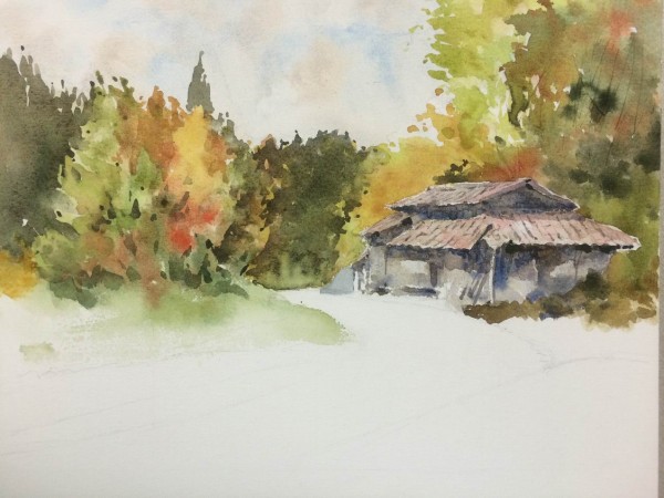 新品　日本の秋の田舎風景 水彩画 ならざき清春初級(大阪）講座に初参加 ”秋の峠の風景” : 水彩的生活