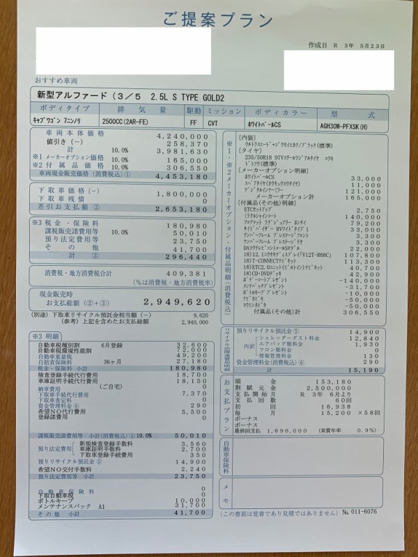 最終交渉 トヨタ アルファードsタイプゴールド2を契約するまで 見積りあり 背伸びレクサスオーナー