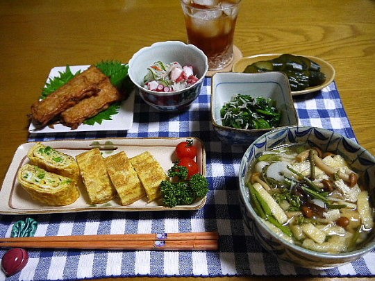 夕食 稲庭山菜うどん だし巻きたまご たこときゅうりの酢の物 The Last Sasurai 自炊ニストの食卓