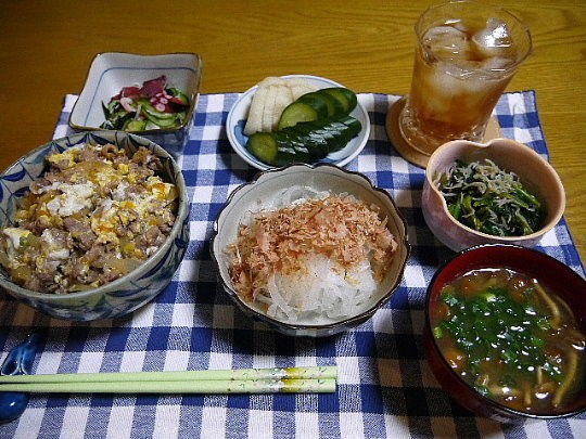 夕食 他人丼 たこときゅうりの酢の物 玉ねぎスライス The Last Sasurai 自炊ニストの食卓