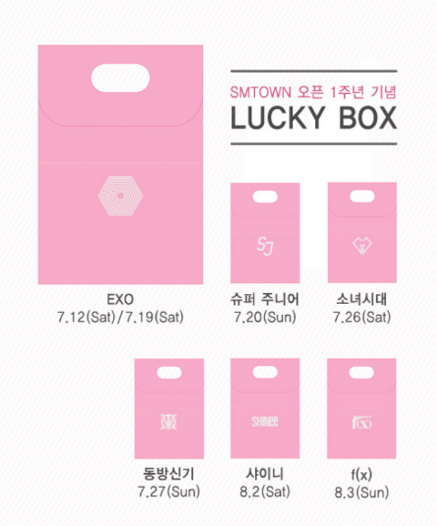 数量限定 Smtownオープン1周年記念 Lucky Box 100個限定発売 Exo 東方神起 Superjunior Shinee他 6組の限定グッズが日替わりで発売 直筆サインがランダム挿入 購入代行受付 Kpop歌手 韓流スターのグッズ購入代行 サイン会応募代行 チケット代行 地下鉄広告