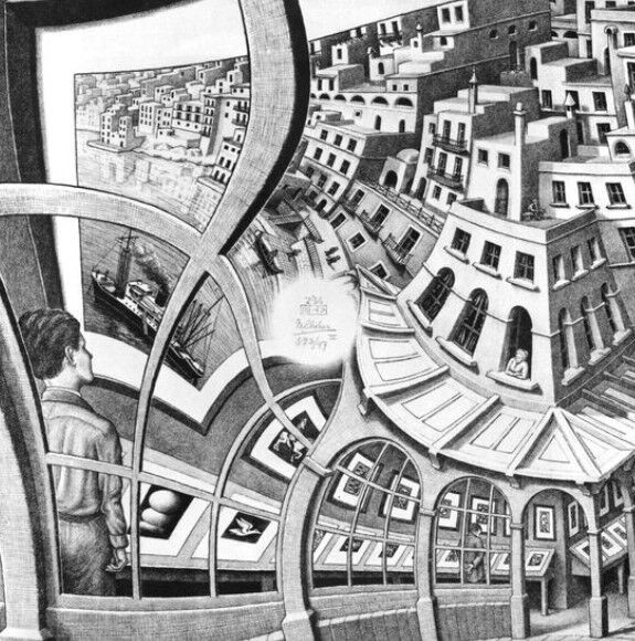 エッシャー Escher　リトグラフ『版画のギャラリー』アクリル板画　1956年 エッシャー Escher リトグラフ『版画のギャラリー』アクリル板画