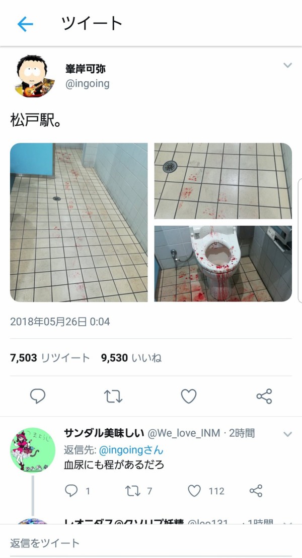 閲覧注意 なんだこれは 松戸駅の血まみれトイレの画像がtwitterで話題に マジキチ速報
