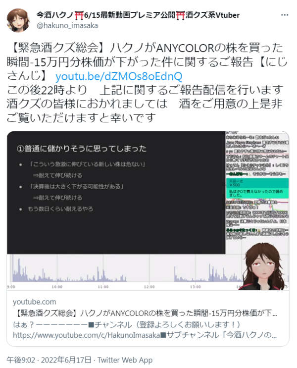 Vtuberの今酒ハクノさん にじさんじのanycolor株に手を出し即日含み損生活に突入したいきさつを酒クズ系目線で分析 市況かぶ全力２階建