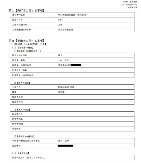 あの一村哲也さん大量保有の夢の街創造委員会が謎の急落 市況かぶ全力２階建