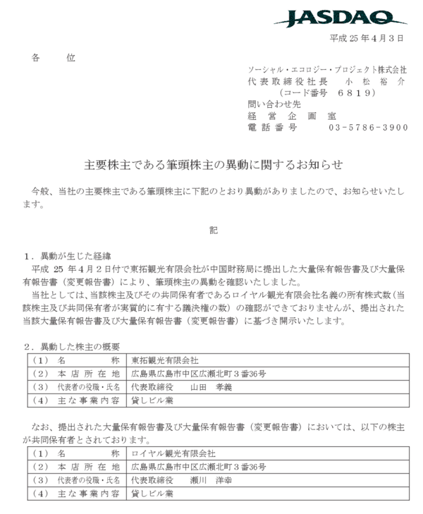 争いは同じレベルの者同士でしか発生しない ソーシャル エコロジー プロジェクト 旧オメガ プロジェクト と大株主ロイヤル観光が同じレベルで争う 市況かぶ全力２階建